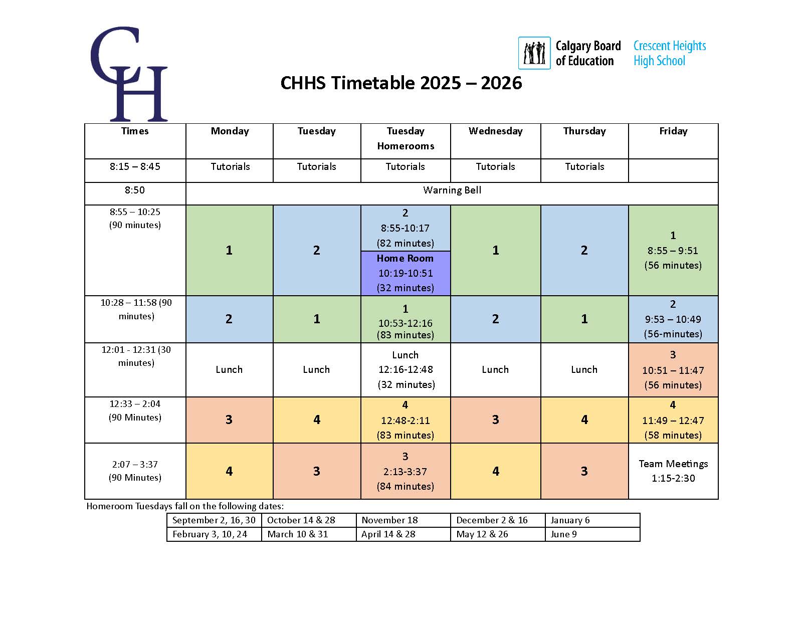 CHHS 2025 26 Timetable with Homerooms